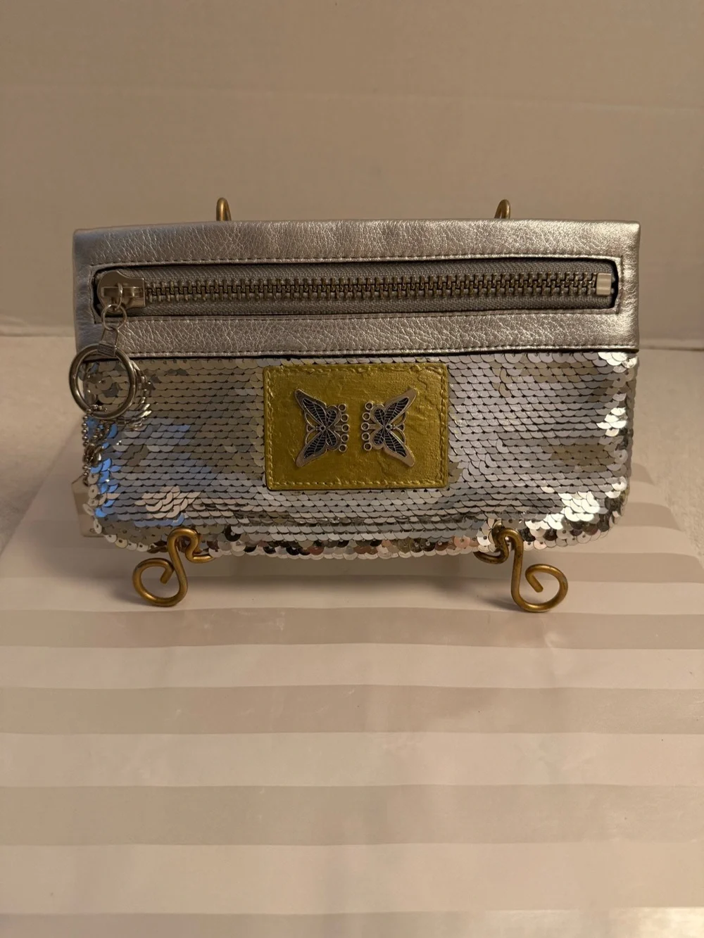 Coach Poppy Silver Sequin XL Spotlight Wristlet – Upcycled Art Piece 🦋✨